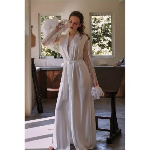 Imitation Silk Pajama Sexi Women Strap Bathrobe Sexy Lingerie Mesh Transparent Homewear Nightgown Erotic Feather Cuffs Long Robe