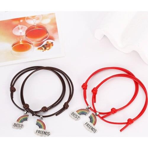 QiLuxy 2Pcs/Set Enamel Rainbow Bset Friends Charm Wax Line Bracelets for Women Men Fashion Friendship Bracelets Jewelry Gifts