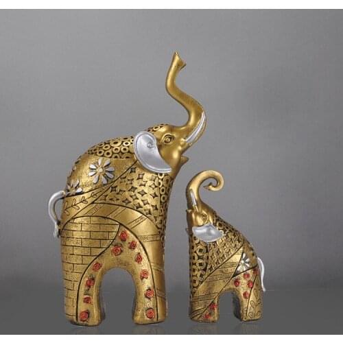 Golden Resin Elephant Statue Lucky Feng Shui Elegant Elephant Trunk Statue Lucky Wealth Figurine Crafts Ornaments For Home Gift