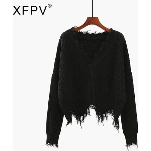 XFPV 2021 Autumn Winter New Arrivals Wool V-neck Tassel High Waist Pullover Short Loose Sweater Womens SM113