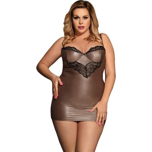 Women Mesh Stitching Faux Leather Sexy Nightwear Erotic Teddy Dress Brown Sling Nightdress Plus Size