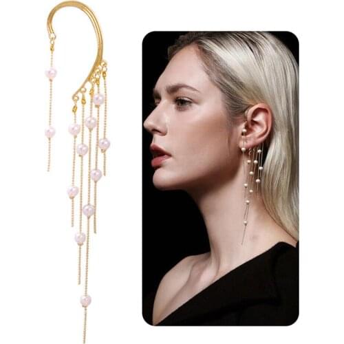 2020 Fashion Women Long Earring Non-pierced Tassel Pearl Charm Pendent Snake Chain Tassel Earring Bridal Wedding Jewelry