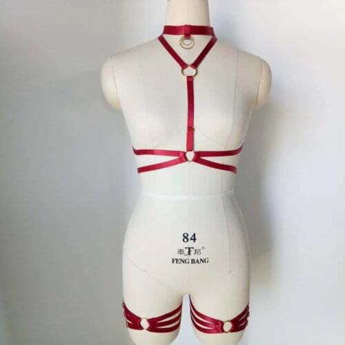 Deep red Women Fetish Wear Bodysuit Crop Top Cage Bra+Garters Harness Bondage Lingerie Set Nightclub Wear Body Harness