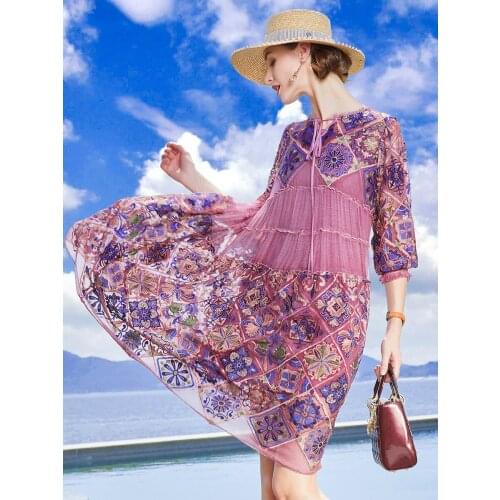 Summer 2020 Real Silk Elegant Midi Dress Fashion Loose Purple Dresses for Women Embroidery Vestidos N-202-L2290 Pph424
