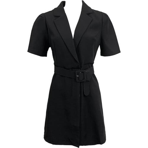 2021 Summer Womens Casual All-match Bandage High Waist Thin Lapel Short Sleeve Dress Solid Color A-line Jacket Dress