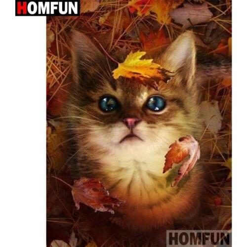 HOMFUN Diamond Painting Cross Stitch Pattern 5D Diamond Embroidery "Cat maple leaf animal" Home Decor DIY diamond Art A30230