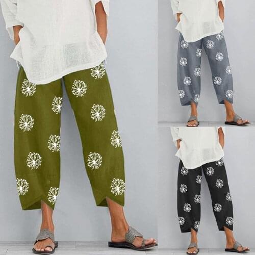 Vintage Printed Harem Pants Women Trousers Casual Elastic Waist Cotton Linen Wide Leg Pants Loose Flower Print Pants Pantalones