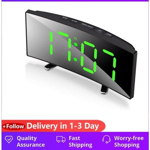Digital Alarm Clock, 7 Inch Curved Dimmable LED Screen Digital Clock for Kids Bedroom, Green Large Number Clock, Lightweight Sma