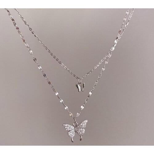 Silver Color Flash Crystal Butterfly Double Necklace For Women Simple Design Crystal Elegant Wedding Jewelry Gifts
