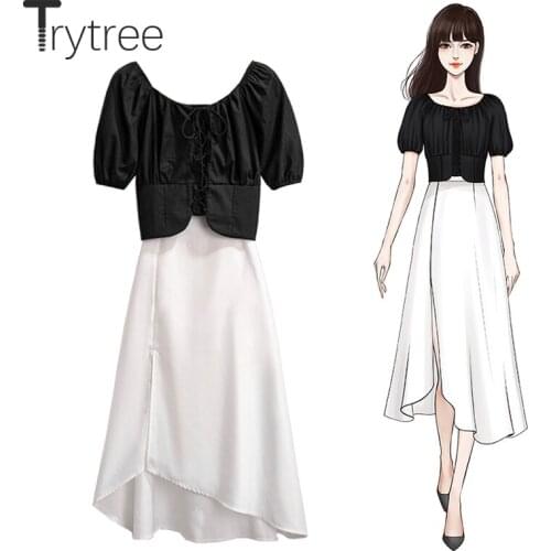 Trytree 2021 Summer Women Two Piece Set Casual Elastic Criss-Cross Bow T-shirt + Skirt Zipper Sexy Side Split Solid 2 Piece Set