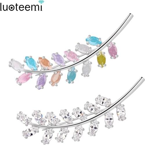 LUOTEEMI Elegant Ice Zircon Stone Crystal Brooch Pins Leaf Shape White Gold-Color High Quality Women Weddding Brooch Jewelry