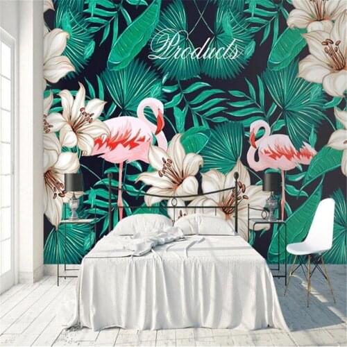 Milofi professional custom large-scale mural Nordic hand-painted tropical flamingo sofa TV background wall