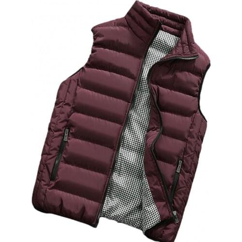 Ele-choices Men Winter Plaid Stand Collar Cotton Vest Plus Size Zipper Pocket Warm Waistcoat