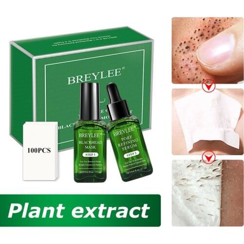 Tea Tree Removal Strips Set Plant Extract Blackhead Mask Anti Allergy Sooth Skin Shrink Pores Face Serum 100pcs Paper As Gift