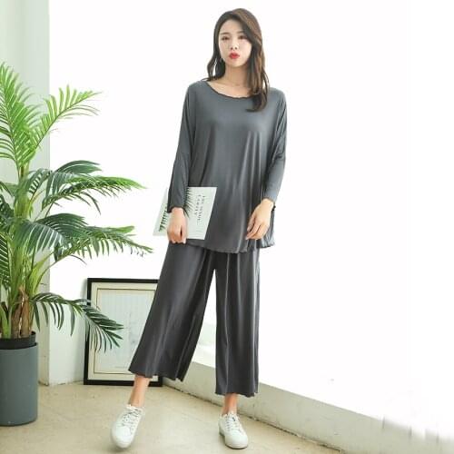 Modal Pajamas 2PCS Wide leg pants Casual Pyjamas Sets Women Solid Sleepwear Loose Home Dress Sexy Fat MM Lingerie Leisure wear