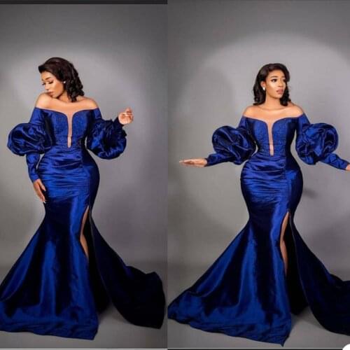 Plus Size Mermaid Prom Dresses Off Shoulder Poet Long Sleeve Evening Gowns Sexy Side Split Party Club Wear robe de soiree