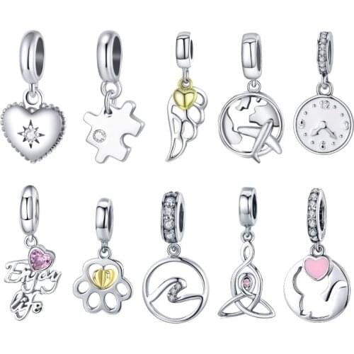 BISAER 925 Sterling Silver Fashion Plane Love Heart Feathers Wings Pendant Fit Charm Bracelet & Necklace Jewelry