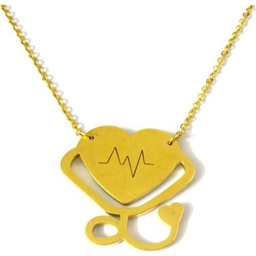 Fairladyhood ECG Stethoscope Pendant Necklace Gold Color Stainless Steel Jewelry For Doctors Nurse Best Gift