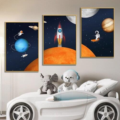 Simple abstract moon cartoon astronaut poster picture childrens room mural boy bedroom decoration frameless painting