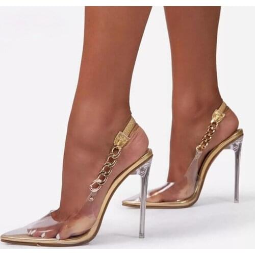 Transparent Pumps Women Crystal Heel Ladies Shoes Sexy Pointed Toe Chain Design Stiletto High Heels Wedding Dress Shoes