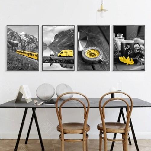 Nordic Posters and Prints Yellow And Gray Car Landscape Canvas Painting Wall Art Pictures For Living Room Modern Home Decoration