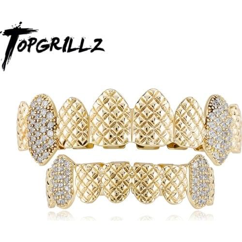 TOPGRILLZ 2021 New Hip Hop Iced Out CZ Grillz Top & Bottom Grill Set Jewelry Men Women Vampire Grills Fashion Jewelry For Gift