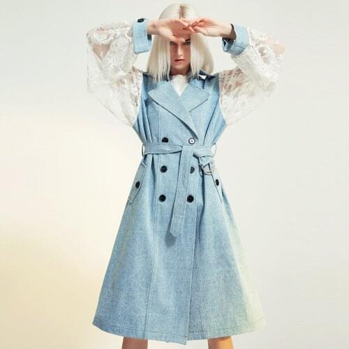 Fashion Brand Spring Autumn Women Clothes Personalized Lace Patchwork Custom Long Sleeve Casual Belt Blue Oversize Trench