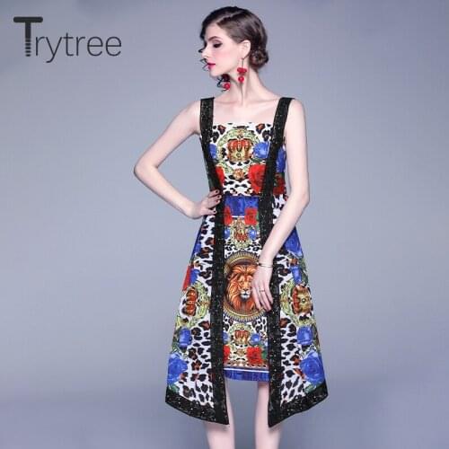 Trytree Summer Women Casual Dress Sling printing Fashion Elegant Spliced Lace Office Lady A-line Mid-Calf Irregularity Hem Dress