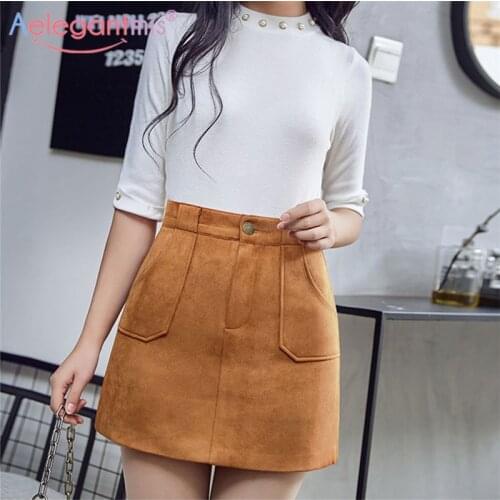 Aelegantmis New Black Suede Fabric High Waist Women Mini Skirt Ladies Casual Plus Size A-line Skirts Elegant Summer Short Skirt