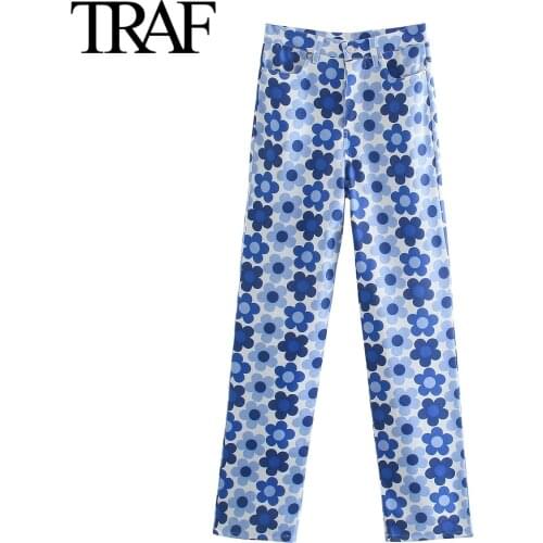 Traf Women Clothing 2021 Summer Vintage Streetwear High Waist Straight Pants Chic Wide Leg Floral Print Trousers