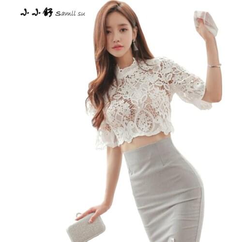 2 Pieces Sets Summer White Lace Stand Half Sleeveless Sundress Women Dresses See Through Bandage Patchwork Grey Pencil Dresses