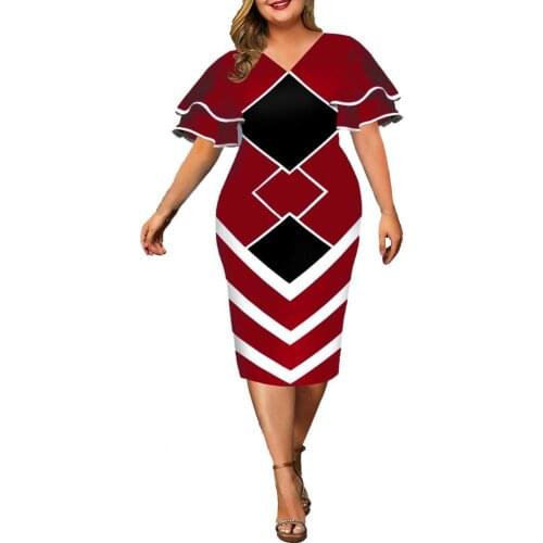 Women Bodycon Dress Positioning Geometric Print Layered Flare Sleeve Autumn V Neck Formal Mid-calf Dress for Wedding vestidos