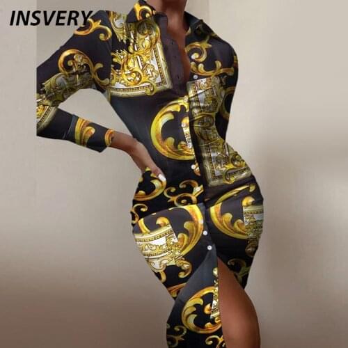 Vintage Print Dress Women Long Sleeve Party Dress 2021 Turn Down Collar Button Design AutumnSexy Bodcon Dresses For Women