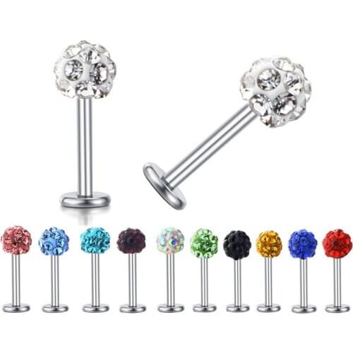 1PC 316L Stainless Steel Crystal Ball Labret Stud Lip Ring Tragus Piercing Ear Cartilage Earring Body Piercing Helix Barbell Bar
