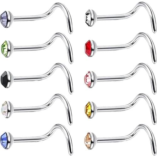 10pcs Rhinestone Stainless Steel Screw Shape Nose Studs Rings 20g Piercing with 1.5/2/2.5/3mm Rhinestone Assorted Color