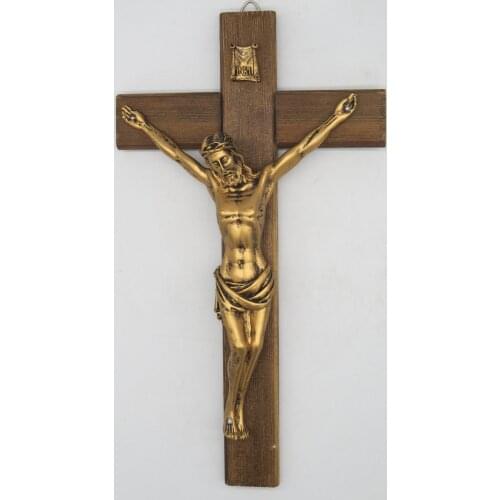 12 Inch Wall Crucifix Jesus Christ on Carbonized Wood Cross Resin Antique Gold Finish Jesus on INRI Cross Home Chapel Decor