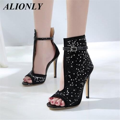 ALIONLY Crystal Sandals Ankle Straps Buckle Transparent Cover Heel Pumps for Women 2021 Summer Ladies Sandals Party Shoes