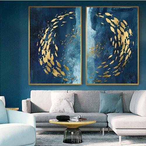 Diamond Embroidery Abstract Gold Fish Poster Blue Ocean Waves Diamond Painting Luxurious Wall Art For Living Room Home Decor