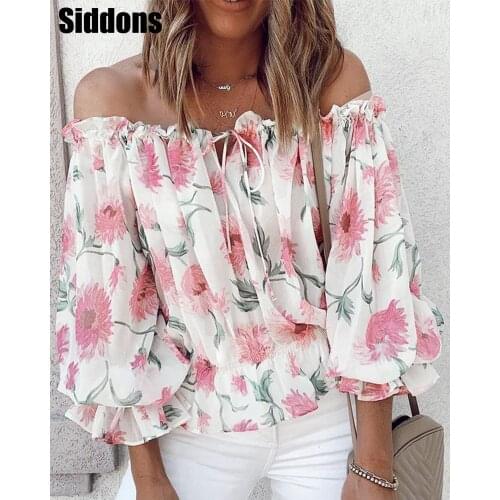 Spring Summer Women Floral Print Off Shoulder Boho Blouse 2021 New Femme Casual Lantern Sleeve Top Office Ladies Chiffon Tunic