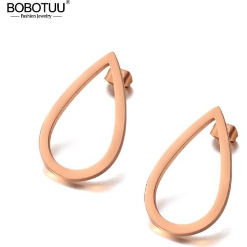 BOBOTUU Bohemia Hollow Geometric Drop-shaped Stud Earrings Stainless Steel Trendy Graphics Earrings Jewelry For Women BE20100