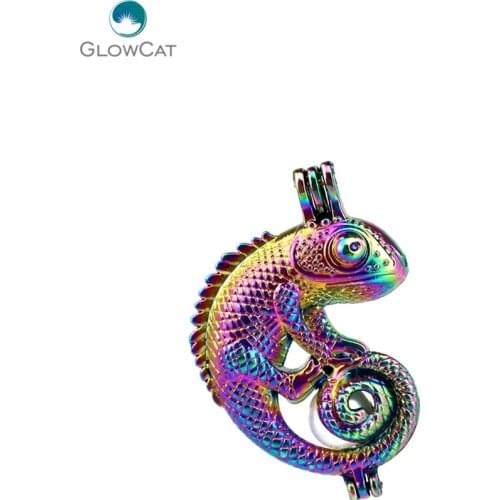 C240 5pcs/lot Rainbow Color lovely Animal Lizard Pearl Beads Cage Locket Pendant Pearl Locket Fairytale Party