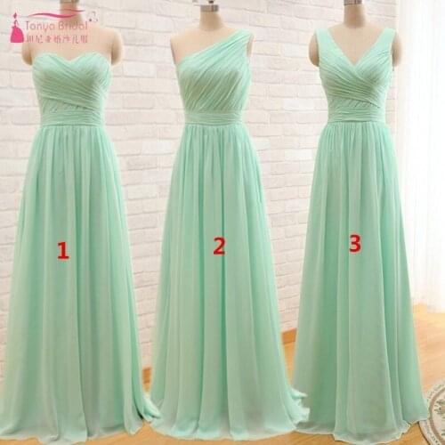 Three Style A LIne Long Chiffon Bridesmaid Dresses Pleats Elegant Cheap Wedding Guest Dress Gown vestido de festa longo DQG364