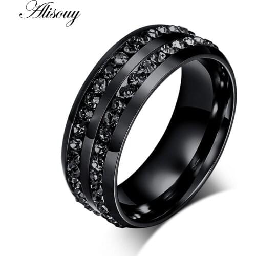 Alisouy Punk ring Two circle Black Austrian crystal rings for men Black stainless steel Cool accessories fashion jewelry Ring