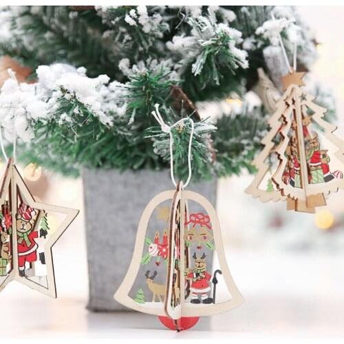 Christmas tree bell star Drop Ornaments wooden laser hollowed out Three-dimensional Pendant home decorations for xmas navidad
