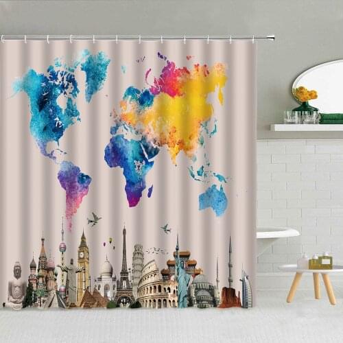 Creativity World Map Shower Curtains Painted Pattern City Architecture Polyester Fabric Bathroom Supplies Home Decor With Hooks