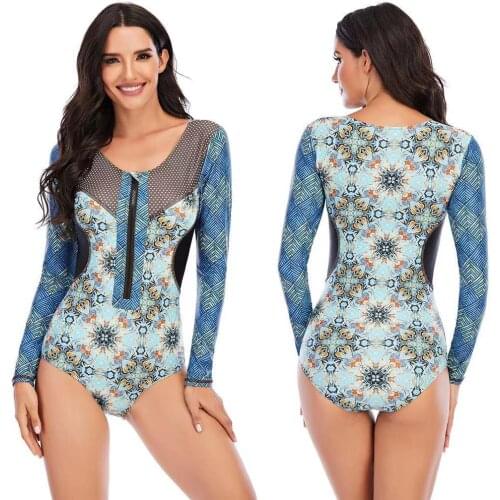 Print Swimwear One Piece Swimsuits Women Long Sleeve Bathing Suits Summer Surf Beachwear Push Up Monokini Zipper