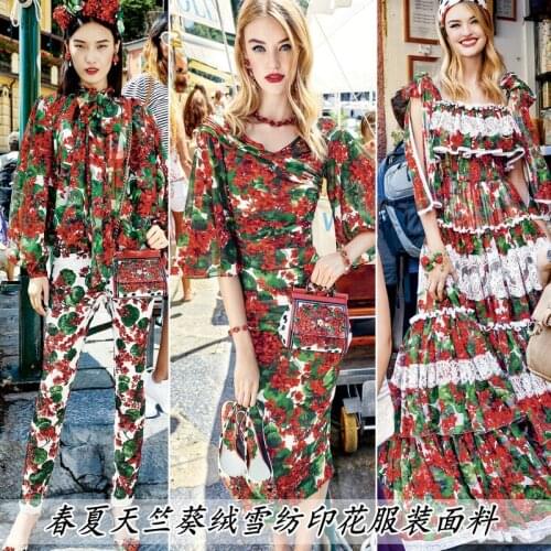 Summer hydrangea geranium printed chiffon fabric handmade diy parent-child dress skirt shirt fabric fashion design cloth