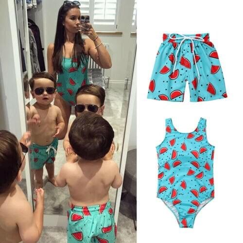 Pudcoco Cute Watermelon Print Swimwear Mother Son Matching Swimming Trunks Shorts Bikini Beachwear Swimsuit Bathing Suit