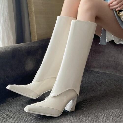Fashion Splicing Patent Leather Women Knee High Boots Slip On Strange Style Heel Wertern Boots Lady Autumn Winter Shoes