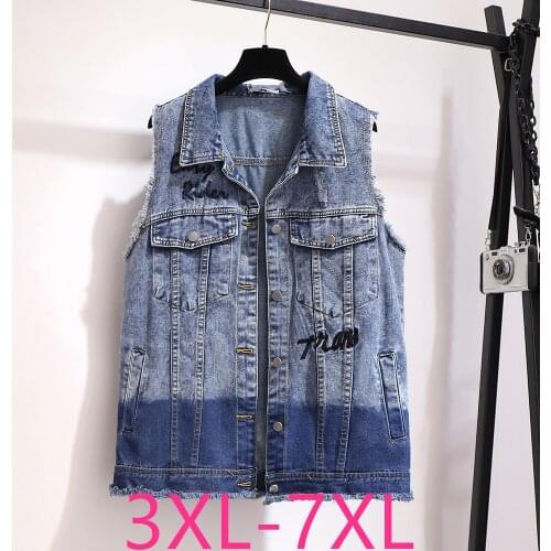 New spring autumn plus size coat for women large casual loose sleeveless lapel pocket denim short vest blue 3XL 4XL 5XL 6XL 7XL